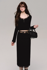 Low waist lace splicing straight skirt